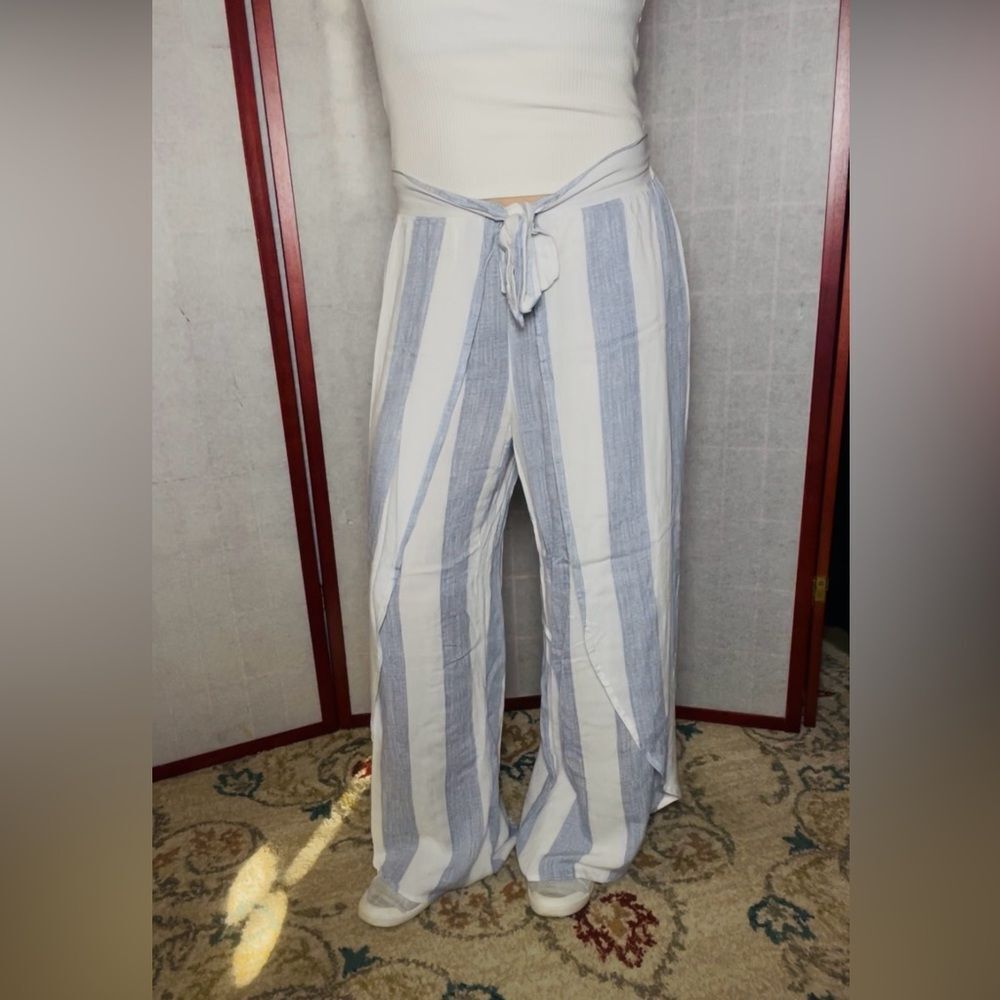 Goa Beachwear by Japna Blue & White Striped Wide Leg Lightweight Pants (Medium)